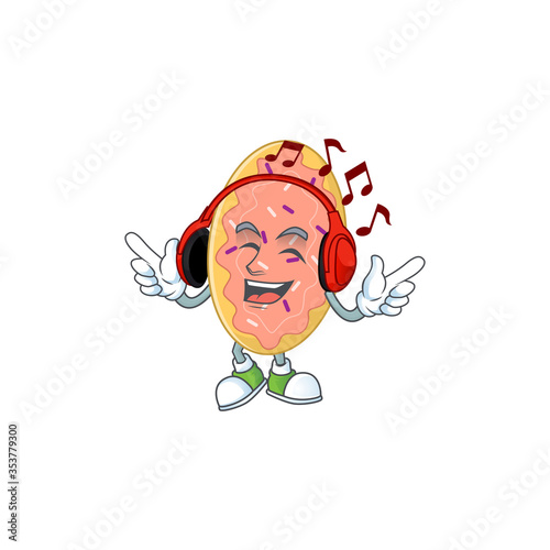 Cartoon drawing design of bread listening to the music with headset