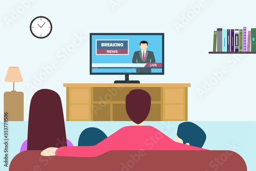 Families watching TV daily news program sitting on the sofa at home in the living room, flat vector illustration.