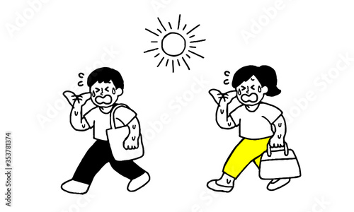 太陽と汗をかく私服男性女性（シンプル）