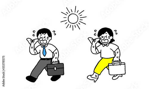 太陽と汗をかく会社員男性女性（シンプル）