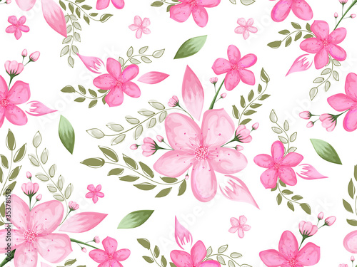 Beautiful floral seamless pattern, Spring summer background cherry blossom flower with green leaves. Textile design use for fabric etc.