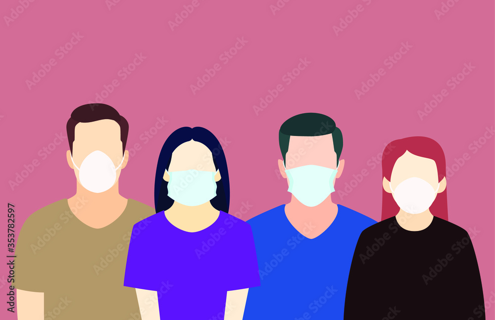 Group of people wearing medical masks to prevent disease, virus. Vector illustration in a flat style Group of people wearing medical masks to prevent disease, virus. Vector illustration in a flat style