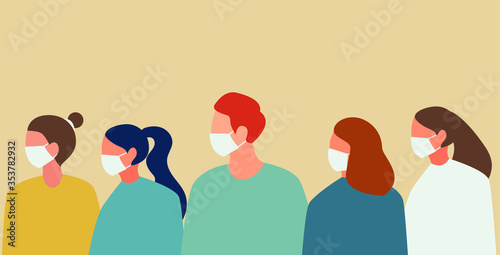 Group of people wearing white medical masks to prevent disease, flu, air pollution, contaminated air, world pollution. Vector illustration in a flat style