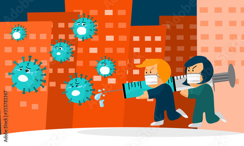 Two doctor holding big injection fighting with virus in the air, cartoon doctor fighting with dangerous virus.