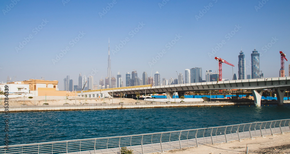 View of Dubai landscape from water canal
