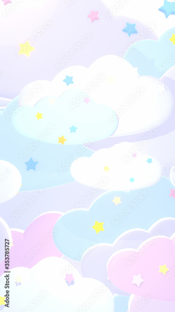 Sweet pastel clouds and stars background. 3d rendering picture. (Vertical)