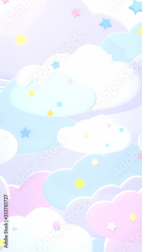 Fototapeta Naklejka Na Ścianę i Meble -  Sweet pastel clouds and stars background. 3d rendering picture. (Vertical)