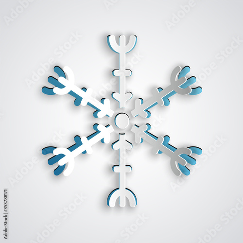 Paper cut Snowflake icon isolated on grey background. Paper art style. Vector Illustration.