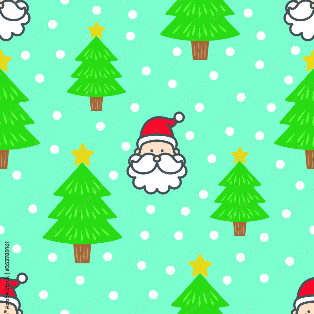 Seamless Pattern / Santa Claus on the blue background. Falling snowflakes. Christmas background