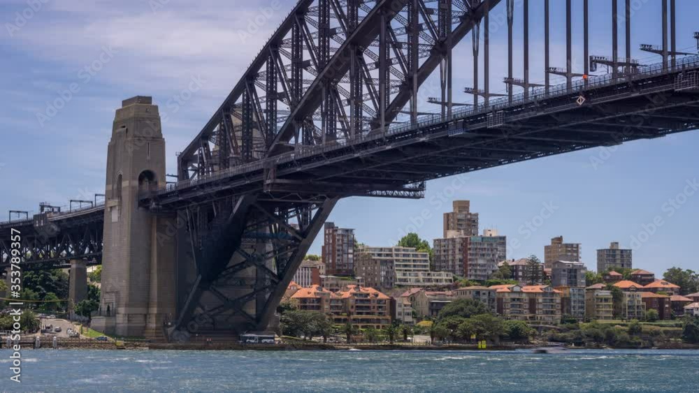 Zoomed in Time Lapse of boats passing under the Sydney Harbour Bridge on a warm sunny day, with city buildings in the background Zoomed in Time Lapse of boats passing under the Sydney Harbour Bridge on a warm sunny day, with city buildings in the background