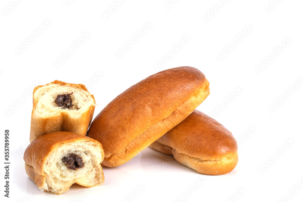 buns with chocolate filling whole and broken isolate on white buns with chocolate filling whole and broken isolate on white