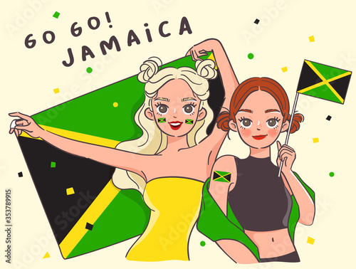 Two pretty girls holding national flag : Vector Illustration