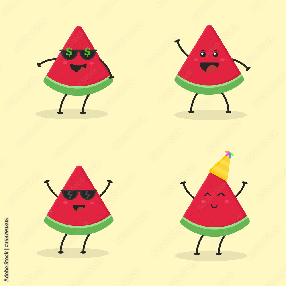 Set of Cute Flat Cartoon Watermelon Illustration. Vector illustration of cute watermelon with a smiling expression. Cute watermelon mascot design Set of Cute Flat Cartoon Watermelon Illustration. Vector illustration of cute watermelon with a smiling expression. Cute watermelon mascot design