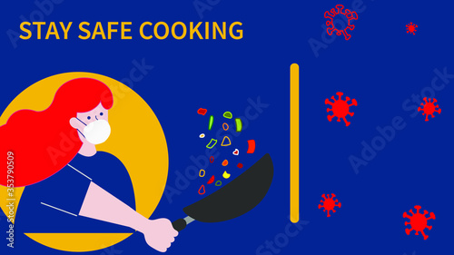 Stay home concept.Woman cooking food at his home in quarantine.Flatten the curve an outbreak of the COVID-19 Virus.Social distance concept.