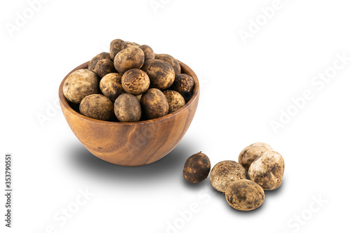 Foto Mushroom Hygroscopic earthstar or False earthstar or Barometer earthstar in a wooden bowl on white background with clipping path