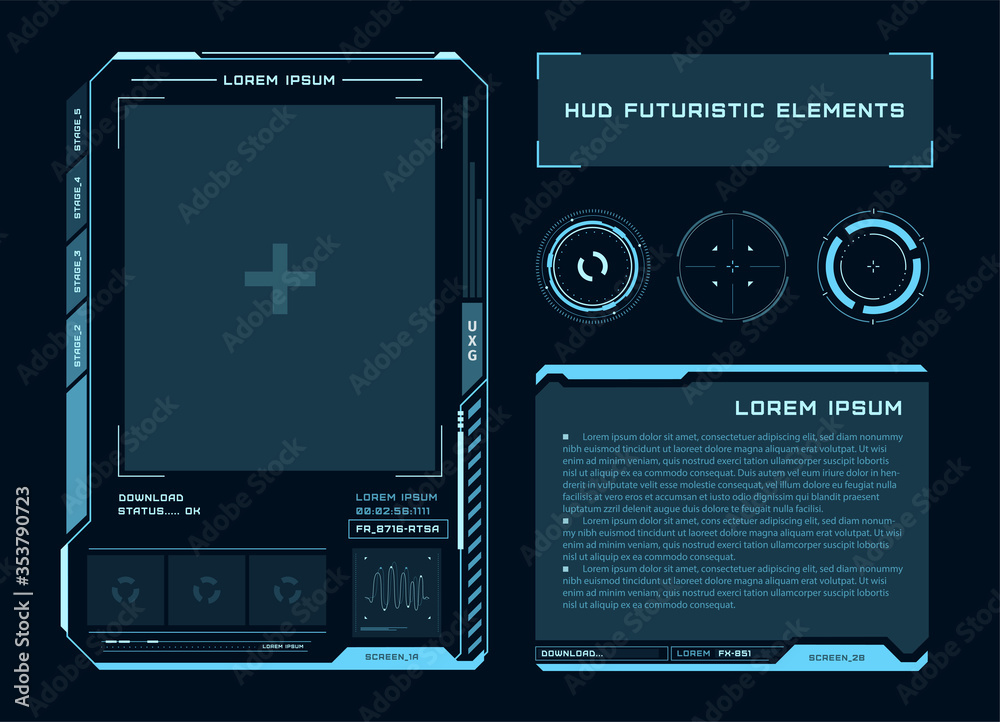 Futuristic touch screen of user interface. Modern HUD control panel. High tech screen for video game. Sci-fi concept design. Vector illustration.