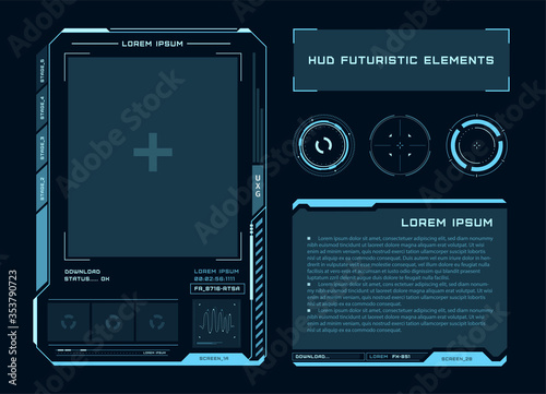 Futuristic touch screen of user interface. Modern HUD control panel. High tech screen for video game. Sci-fi concept design. Vector illustration. photo