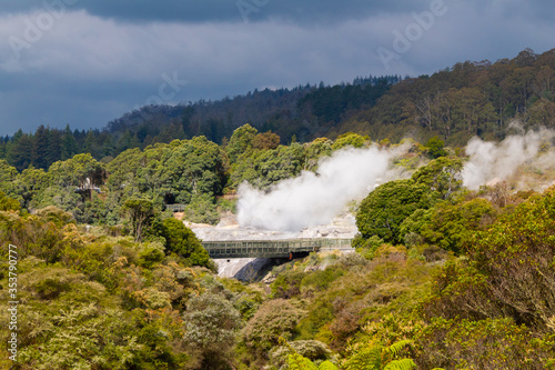 Pohutu geyser view, in the Whakarewarewa Thermal Valley, Te Puia, Rotorua, New Zealand