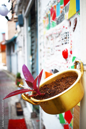 Pot pots hanging on a shabby alley wall in Seoul, Korea