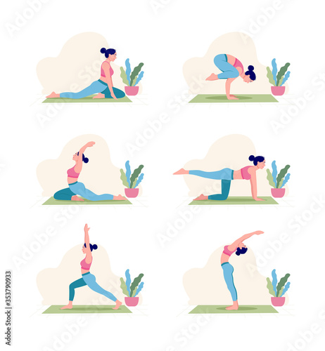 Six different yoga pose flat illustration, Creative poster or banner design with illustration of woman doing yoga for Yoga Day Celebration.