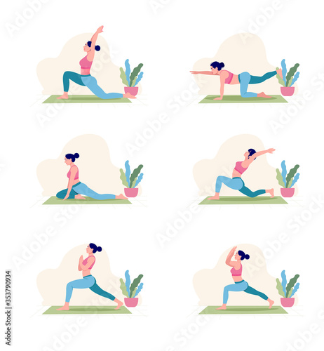 Six different yoga pose flat illustration, Creative poster or banner design with illustration of woman doing yoga for Yoga Day Celebration.