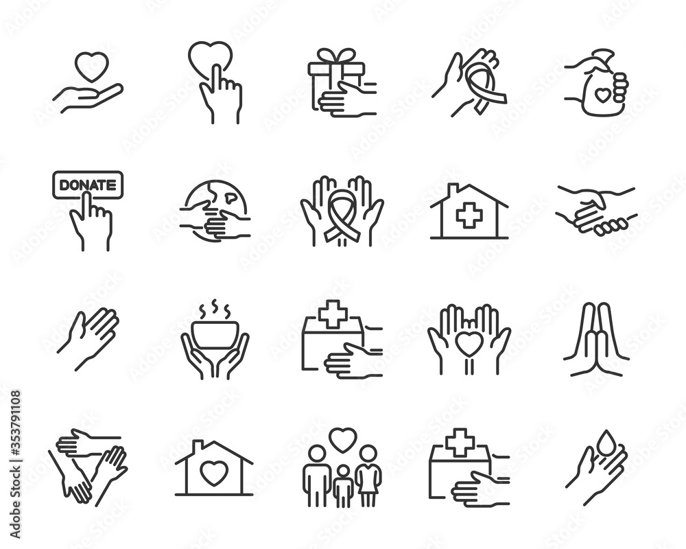 Fototapeta premium set of charity icons, donate, care, support, rescue, volunteer
