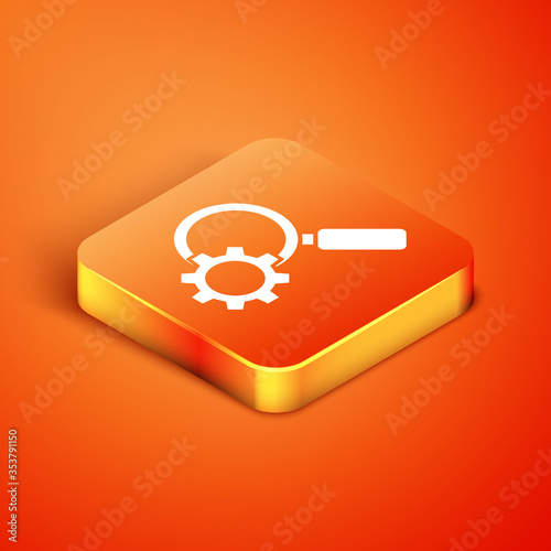 Isometric Magnifying glass and gear icon isolated on orange background. Search gear tool. Business analysis symbol. Vector Illustration.