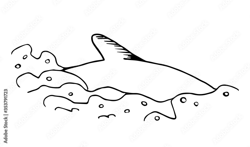 Simple vector sketch in black outline. Dolphin fin in the water, sea waves, bubbles. Fish, animals, marine life.