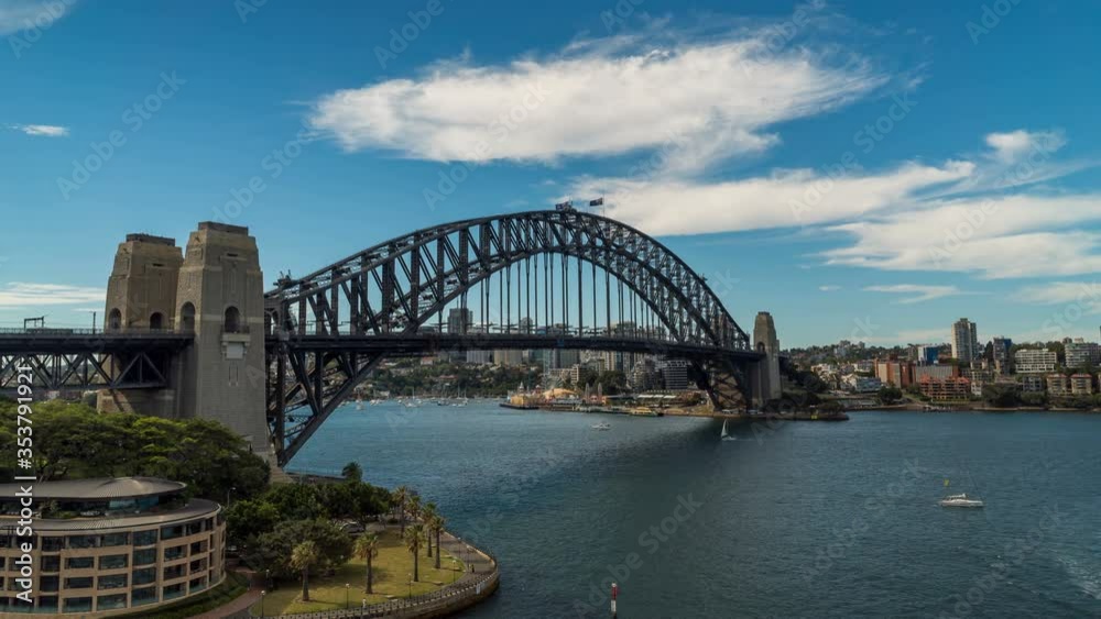 Time lapse of boats crossing while looking over the famous Sydney Harbour Bridge with cloudy blue sky above and city buildings on the horizon in the background. Time lapse of boats crossing while looking over the famous Sydney Harbour Bridge with cloudy blue sky above and city buildings on the horizon in the background.