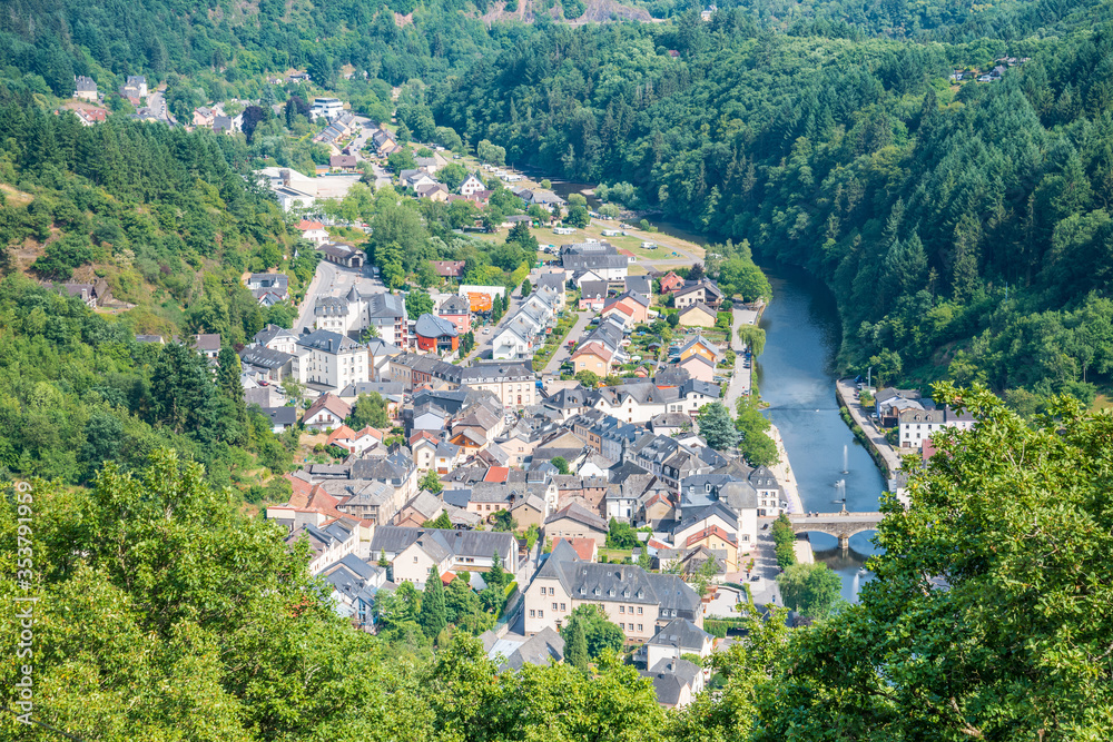 Aerial view of the small tourist city of Vianden in Luxembourg with the river Our next to it.