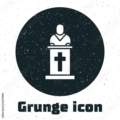 Grunge Church pastor preaching icon isolated on white background. Monochrome vintage drawing. Vector Illustration.