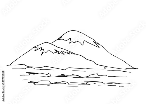 Hand-drawn black outline simple vector drawing. Contour of snowy mountain, lines, hills, panoramic landscape, rocky terrain. Tourism, sport, travel, mountaineering. Wildlife of mountainous countries.