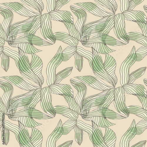 Seamless watercolor pattern with green succulents on beige background. Abstract desert plants, cactus with lines, doodles. Hand painted, textile surface for fabric print, stationery and gift paper