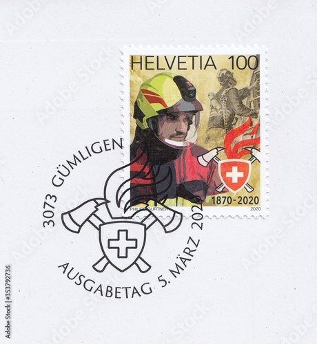 150 years of the Swiss Union of firefighters, fireman at work, stamp Switzerland 2020