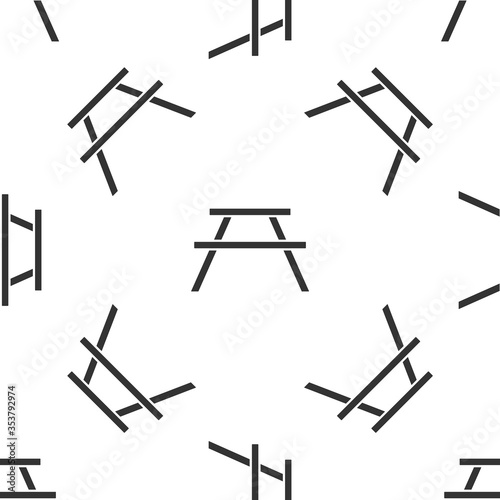Grey Picnic table with benches on either side of the table icon isolated seamless pattern on white background. Vector Illustration.