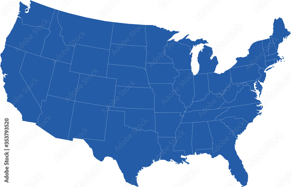 United States USA Continental vector map with white borders