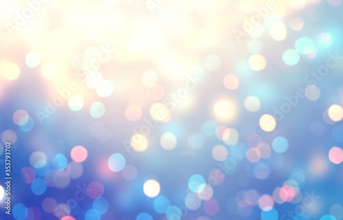 Bokeh yellow blue empty background. Garland lights blur texture. Bright sparkles abstract pattern. Holiday glitter defocused illustration.