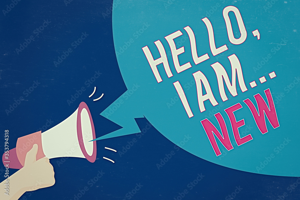 Text sign showing Hello I Am New. Business photo text used greeting or  begin telephone conversation Hu analysis Hand Holding Megaphone with Sound  Effect and Blank Broadcast Bubble Stock Illustration | Adobe