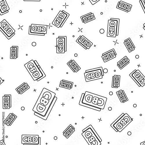 Black line Cannabis molecule icon isolated seamless pattern on white background. Cannabidiol molecular structures, THC and CBD formula. Marijuana sign. Vector Illustration.