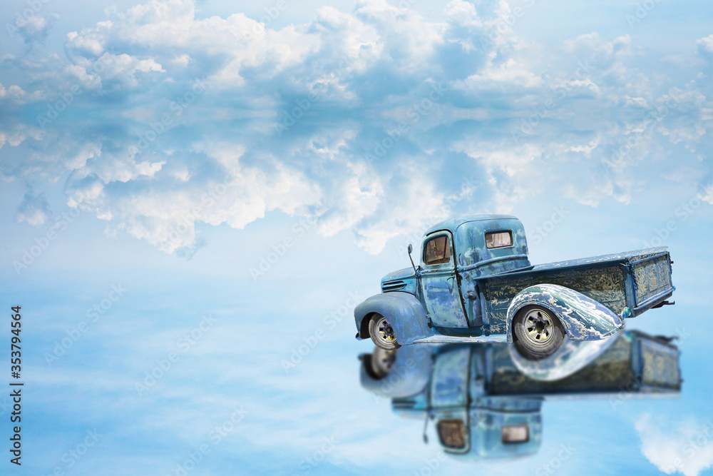 reflection car was parking on water on of lake and blue sky reflection car was parking on water on of lake and blue sky