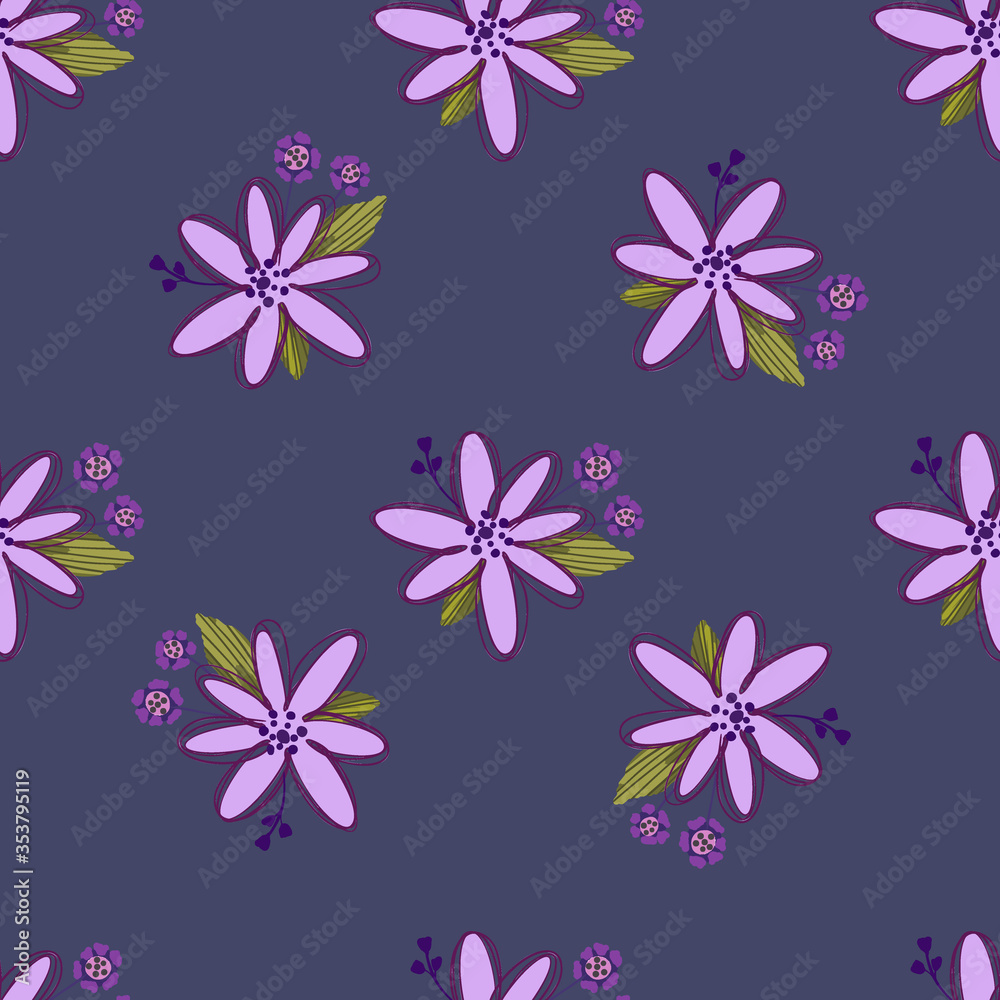 Fototapeta premium Simple cute floral bouquet vector pattern with small and medium flowers and leaves.