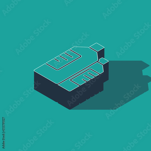 Isometric Plastic bottles for laundry detergent, bleach, dishwashing liquid or another cleaning agent icon isolated on green background. Vector Illustration.
