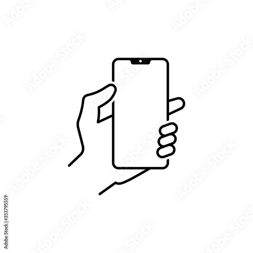 Hand holds smartphone, isolated linear icon.