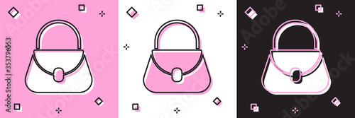 Set Handbag icon isolated on pink and white, black background. Female handbag sign. Glamour casual baggage symbol. Vector Illustration.