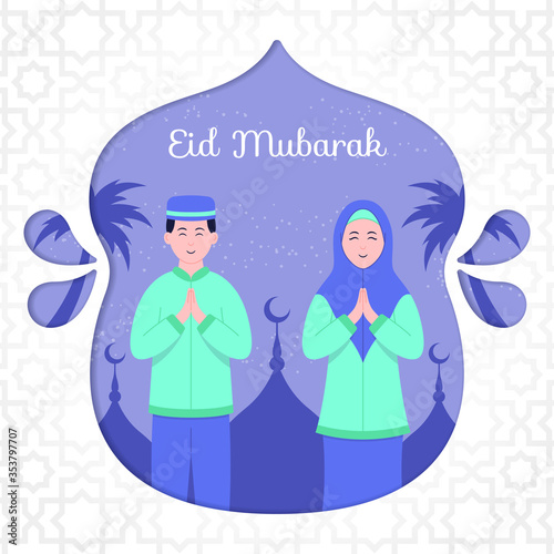 Eid mubarak with man and woman praying. People wishing and greeting eid mubarak with flat background illustration.