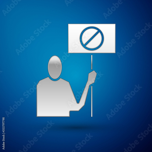 Silver Nature saving protest icon isolated on blue background. Earth planet protection, environmental issues demonstration. Vector Illustration.