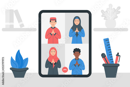 Online meeting work form home. Video conference illustration. Stay and work from home. Colleagues talk to each other on the computer screen. Stream, web chatting, online meeting friends.