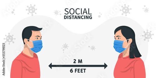 Man and woman character wearing surgical mask maintain social distancing to prevent from virus spreading, coronavirus, social isolation and self quarantine. Social distancing concept.