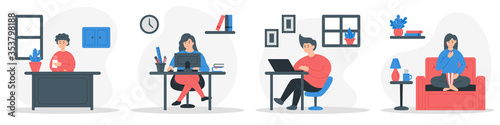 People do different activities while stay at home. People in quarantine and isolation stay at home. People do: watch tv or movie, work from home, study online and enjoy coffee.