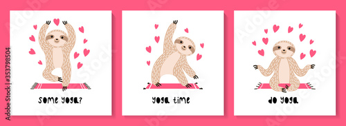 Set of cute sloths in asanas doing yoga